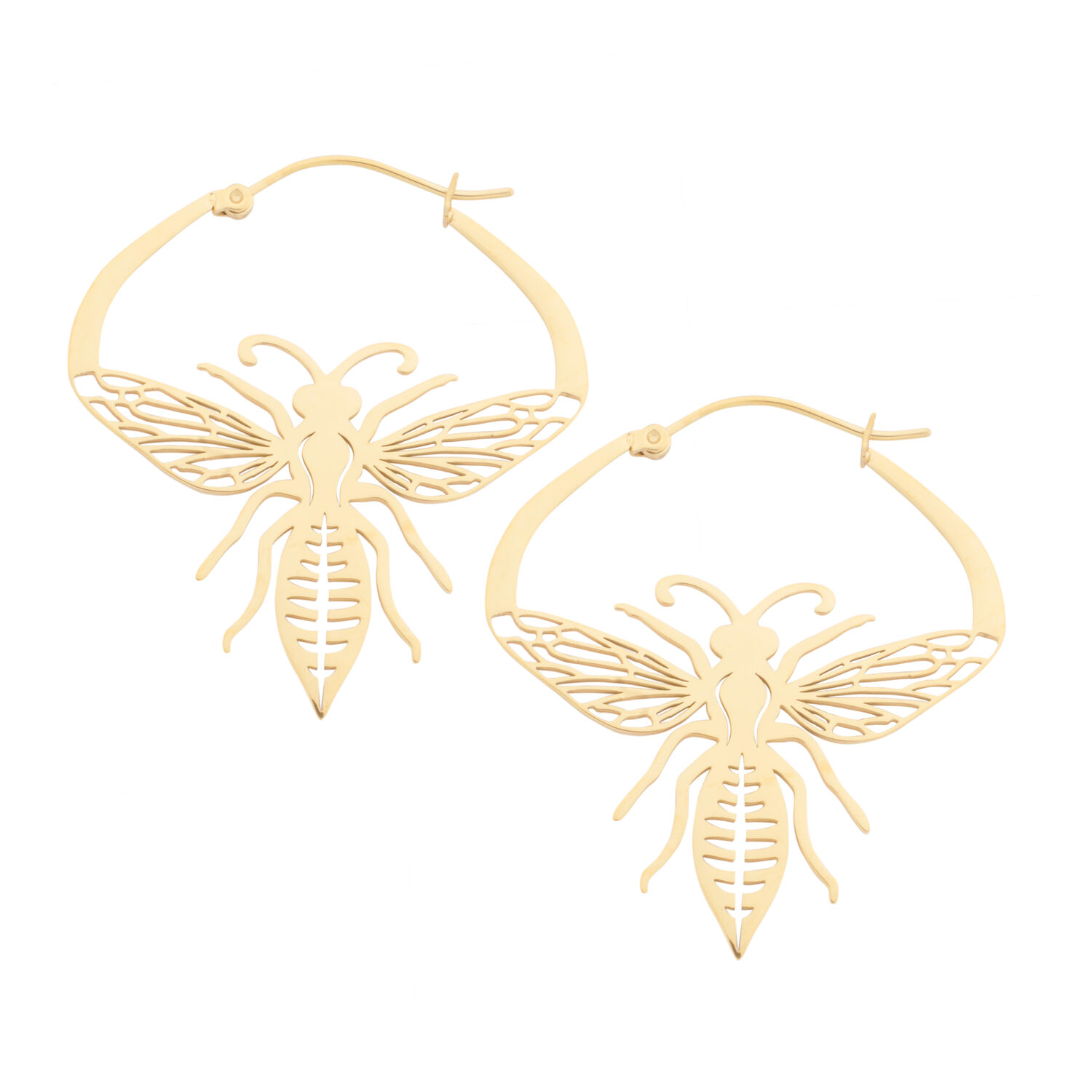 Boucles d'oreilles Bee dorées en acier chirurgical Deux boucles d'oreilles dorées en forme d'abeille en acier chirurgical sur fond blanc