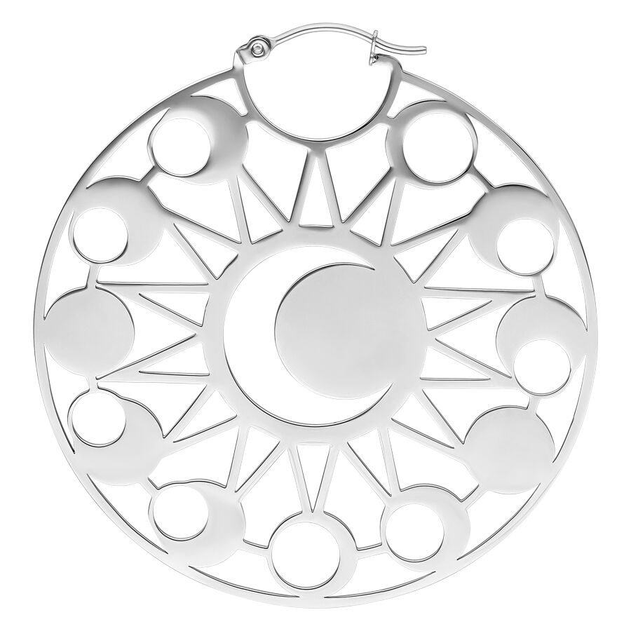 Créoles Moon Eclipse en acier inoxydable, argentées Boucles d'oreilles rondes argentées avec design phases de lune sur fond blanc