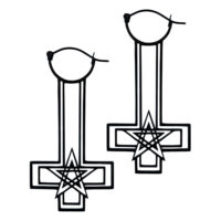 Boucles d'oreilles pentagramme noires en acier chirurgical Deux boucles d'oreilles croix-pentagramme noires en acier chirurgical sur fond blanc