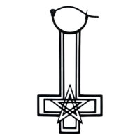 Boucles d'oreilles noires Cross Pentagram Sinner Hoops Boucles d'oreilles noires en forme de croix avec pentagramme sur fond blanc
