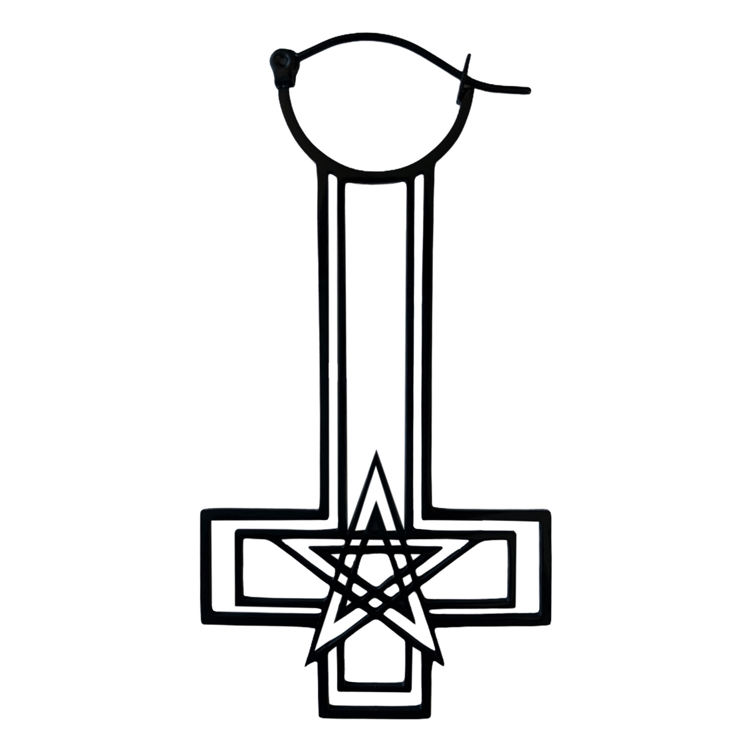 Boucles d'oreilles noires Cross Pentagram Sinner Hoops Boucles d'oreilles noires en forme de croix avec pentagramme sur fond blanc