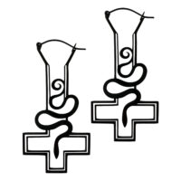 Boucles d'oreilles noires Cross Snake Sinner Hoops Boucles d'oreilles noires avec motif croix et serpent sur fond blanc