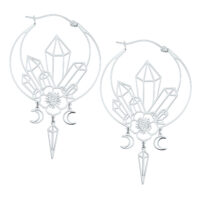 Boucles d'oreilles Oracle Hoops argentées élégantes Boucles d'oreilles argentées avec design géométrique et motif floral sur fond blanc