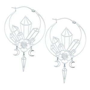 Boucles d'oreilles argentées avec design géométrique et motif floral sur fond blanc