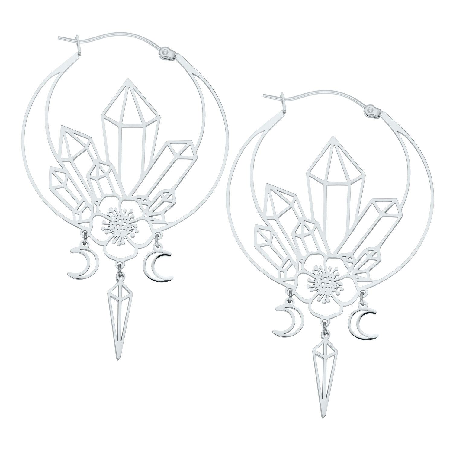 Boucles d'oreilles Oracle Hoops argentées élégantes Boucles d'oreilles argentées avec design géométrique et motif floral sur fond blanc