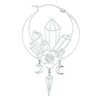 Créoles Oracle argentées avec design en cristal Boucles d'oreilles argentées avec pendentifs en cristal et lune sur fond blanc