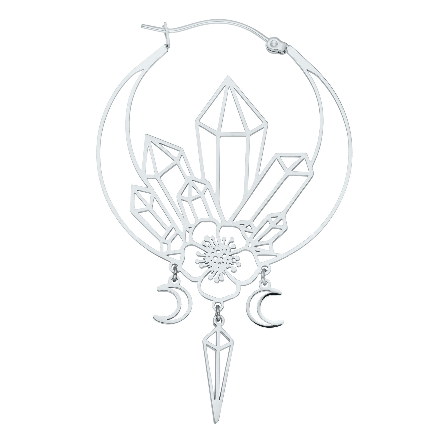 Créoles Oracle argentées avec design en cristal Boucles d'oreilles argentées avec pendentifs en cristal et lune sur fond blanc