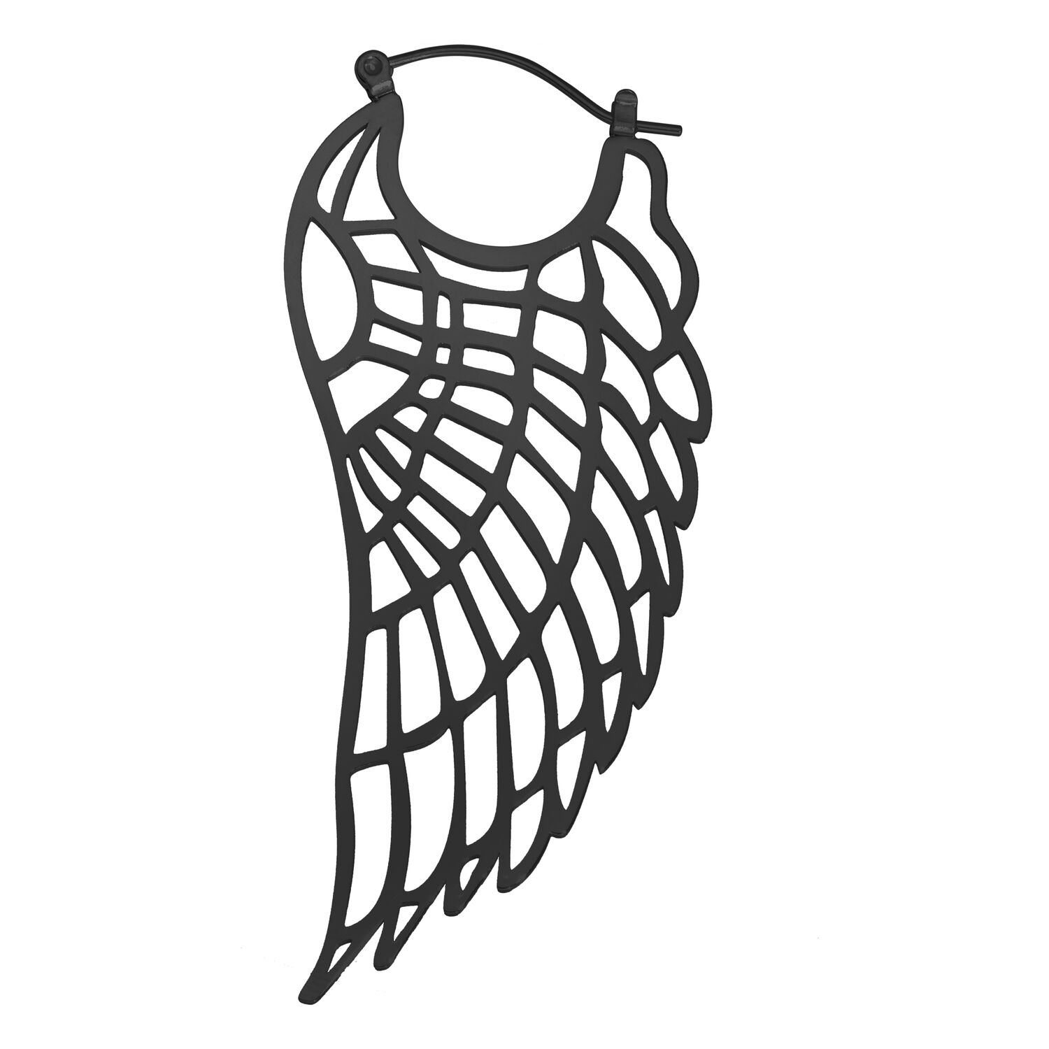 Boucles d'oreilles Wing Hoops noires avec design délicat sur fond blanc