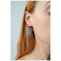 Boucles d'oreilles Mandala argentées portées, focus sur l'oreille, cheveux blonds