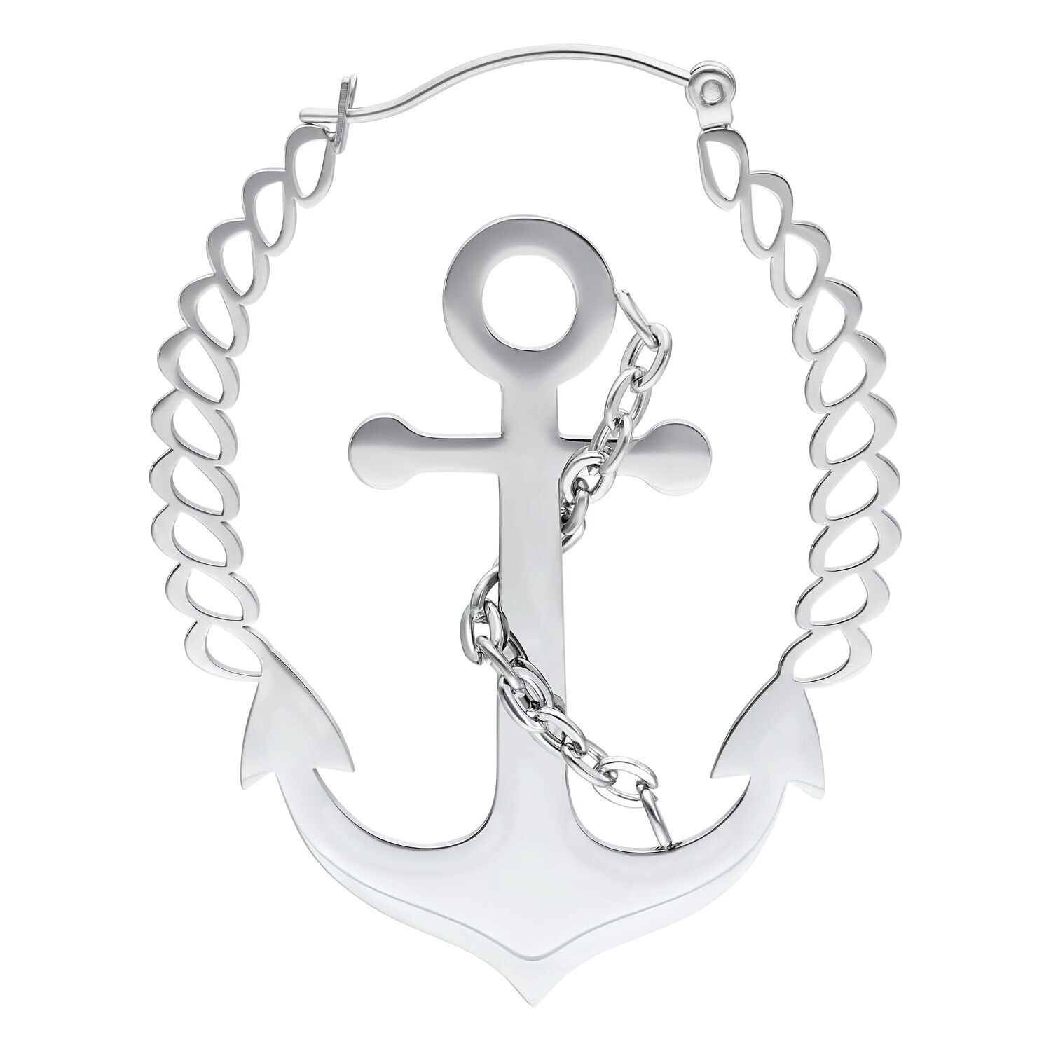 Boucles d'oreilles ancre argentées avec élément chaîne Boucle d'oreille argentée en forme d'ancre avec décoration chaîne sur fond blanc