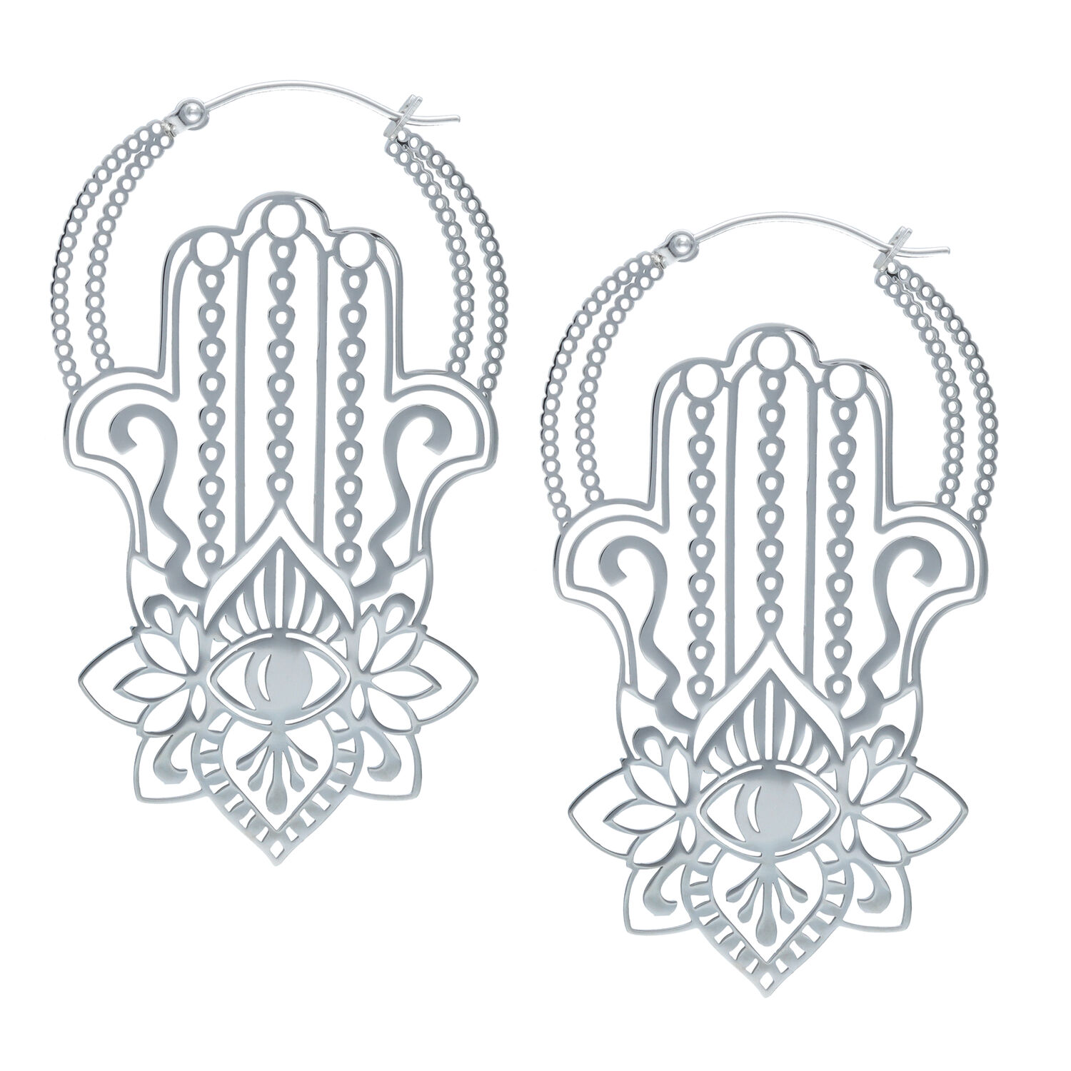 Boucles d'oreilles Khamsa en acier chirurgical Boucles d'oreilles Khamsa argentées en acier chirurgical avec design délicat