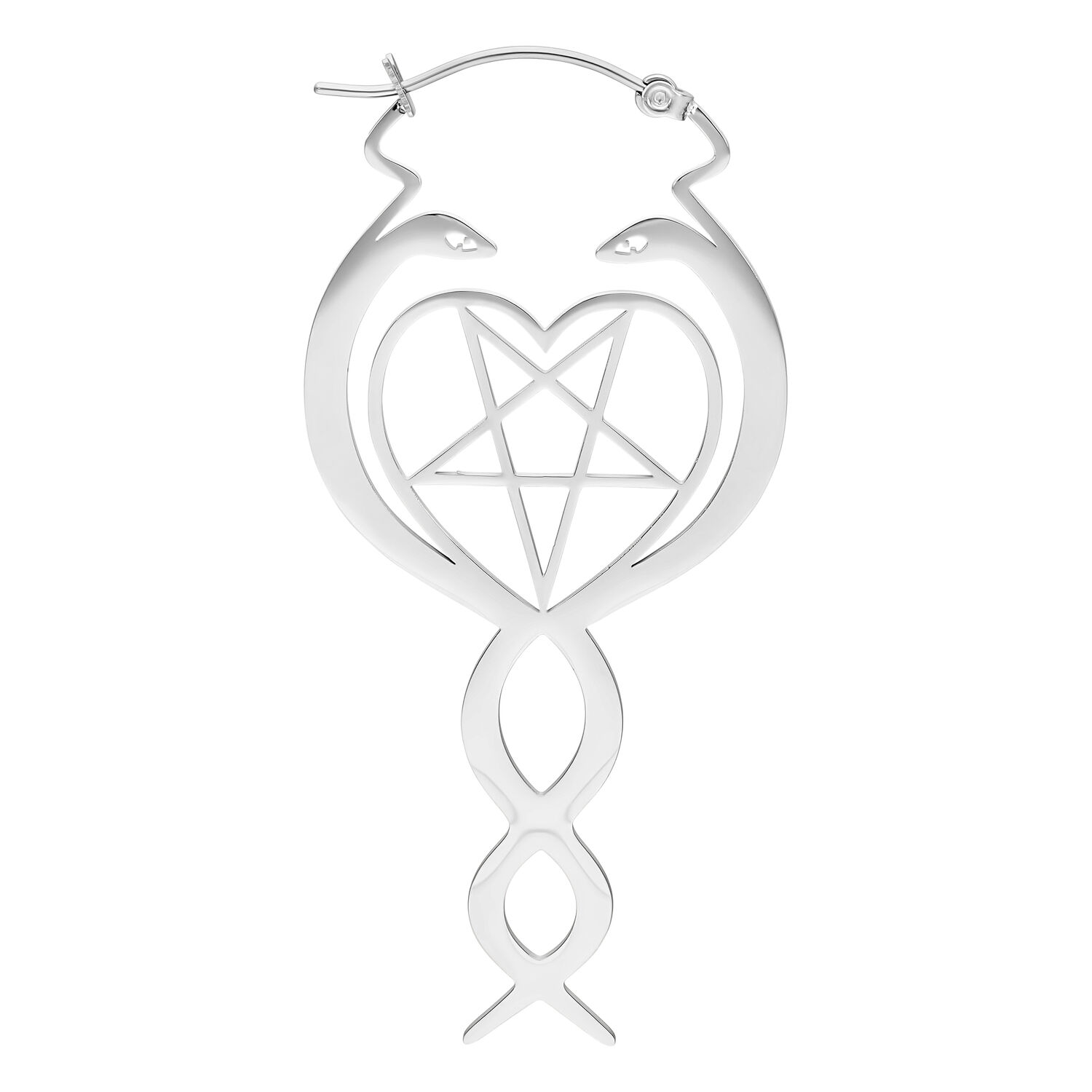 Créoles Nagini argentées avec design pentagramme Boucles d'oreilles argentées avec motif serpent et pentagramme sur fond blanc
