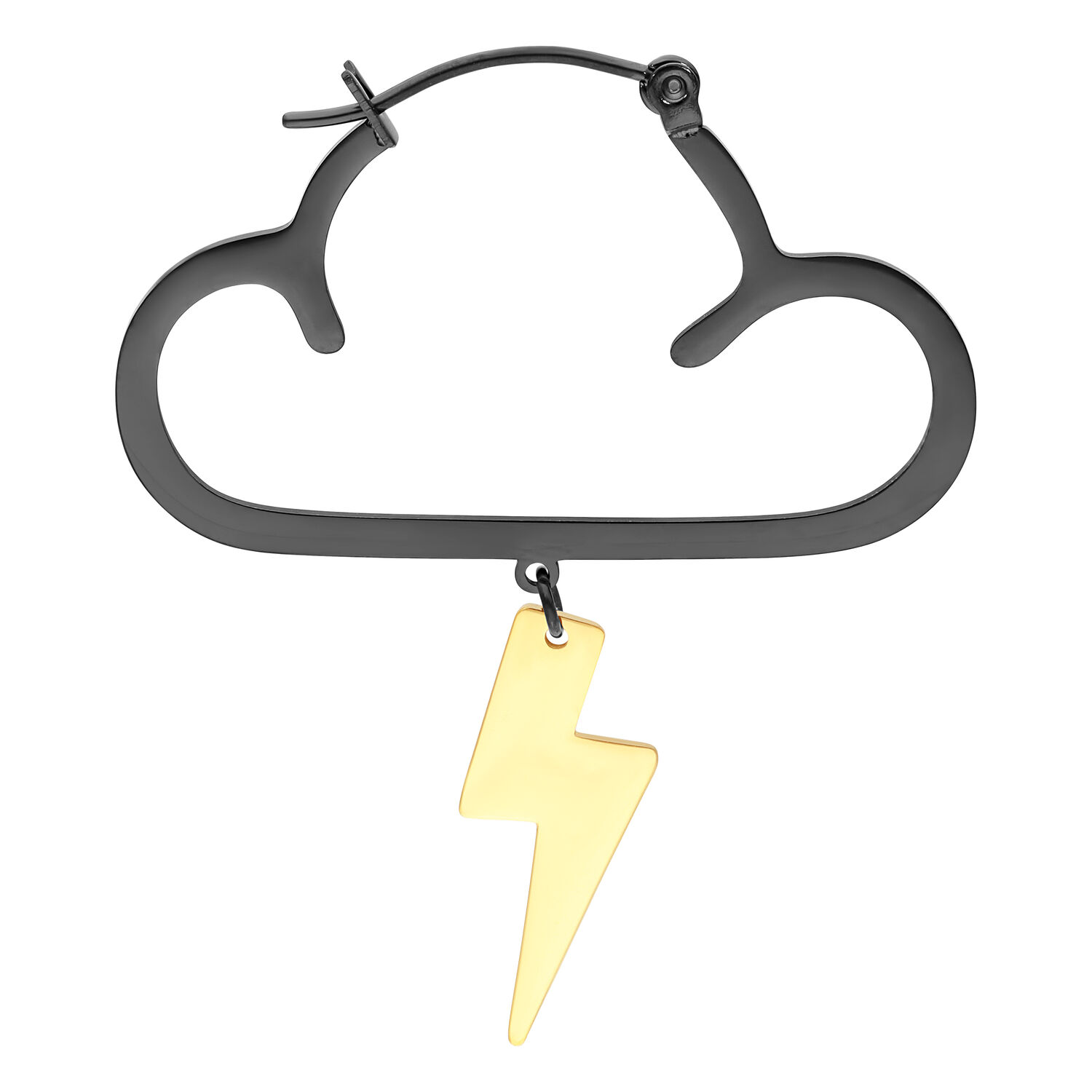 Boucles d'oreilles noires avec éclair doré Créole nuage noire avec pendentif éclair doré sur fond blanc