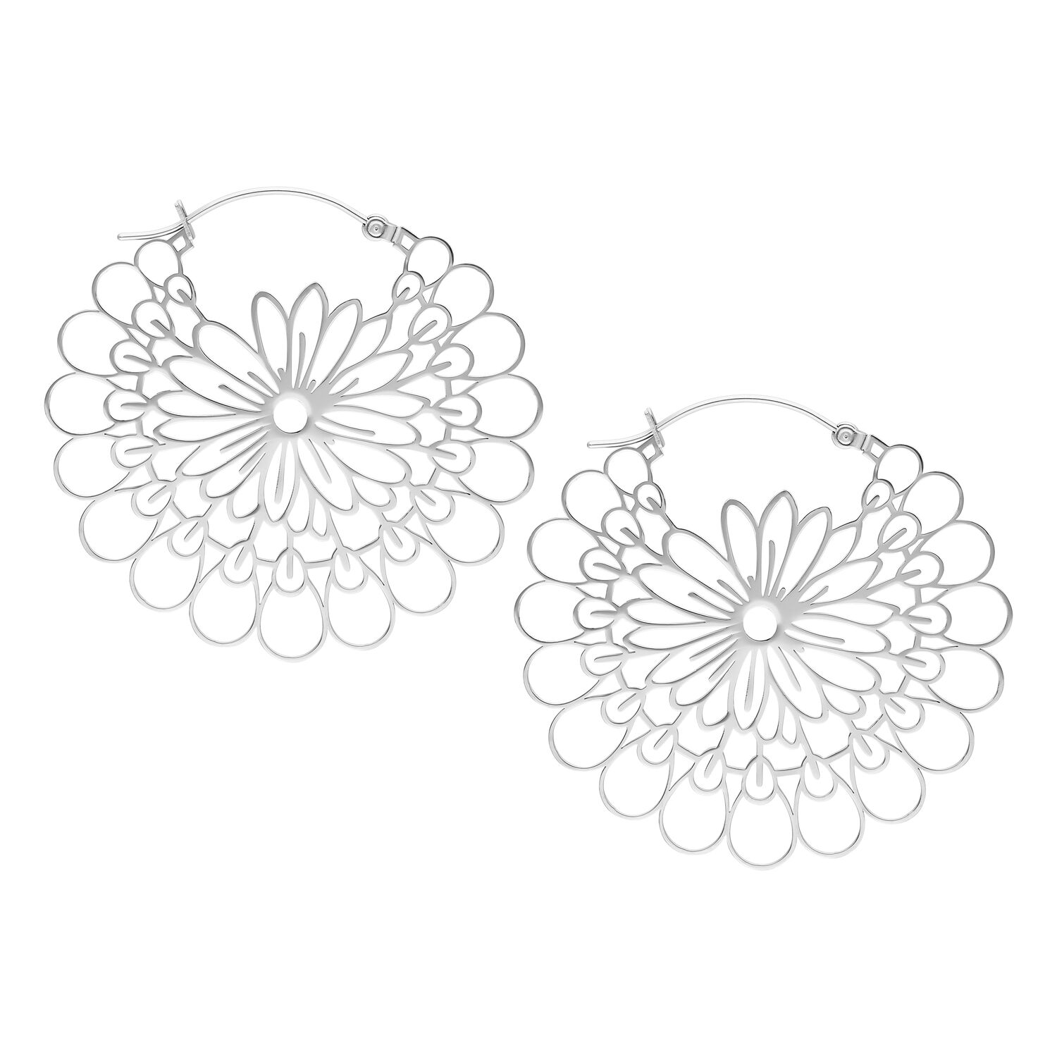 Daisy Hoops en argent, acier chirurgical, haute brillance Boucles d'oreilles Daisy Hoops en argent en acier chirurgical sur fond blanc
