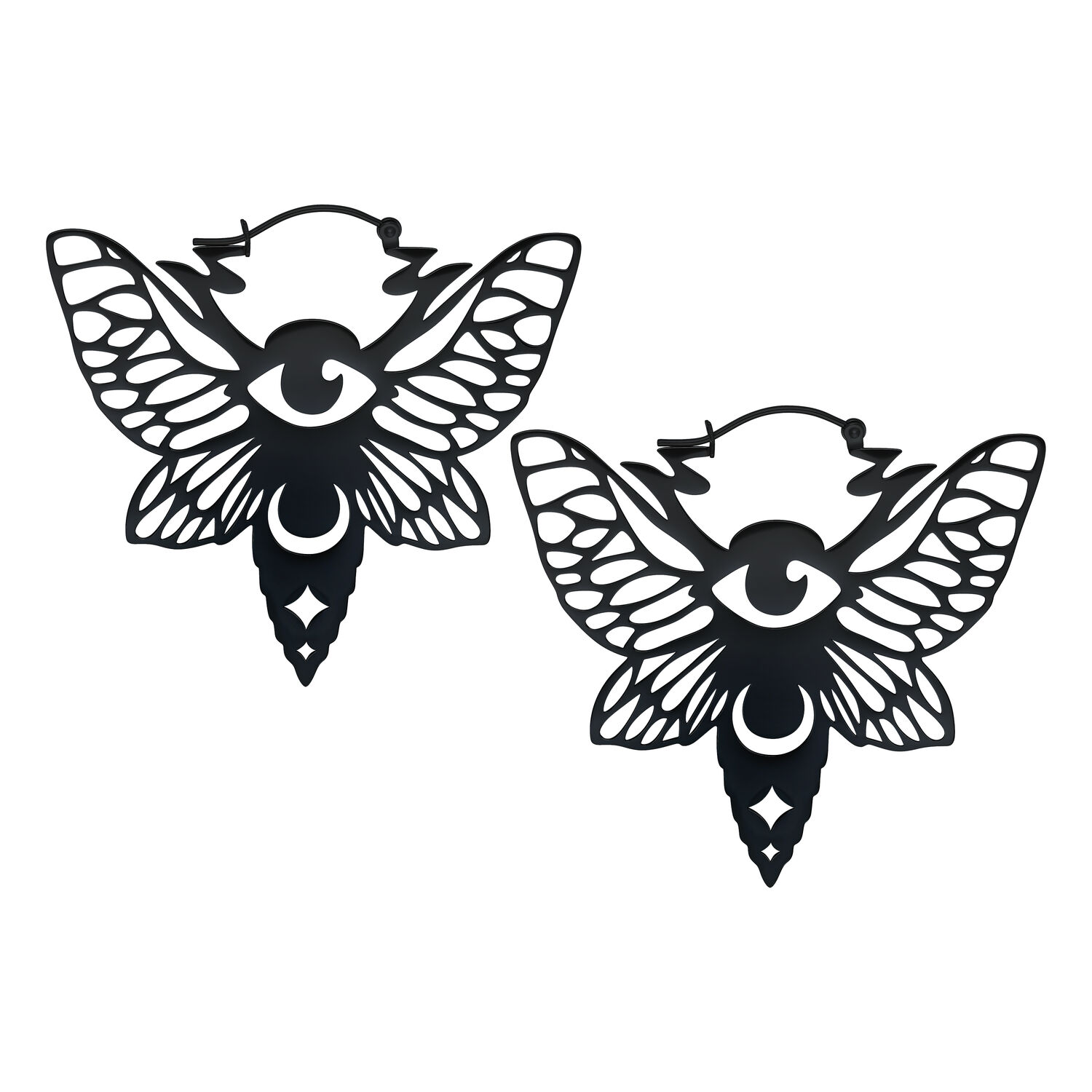 Boucles d'oreilles Moth Hoops noires en acier chirurgical Boucles d'oreilles Moth Hoops noires avec design d'ailes et d'yeux sur fond blanc