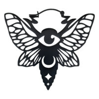 Créoles Moth Noires en Acier Chirurgical Boucles d'oreilles noires en forme de papillon avec œil et demi-lune sur fond blanc