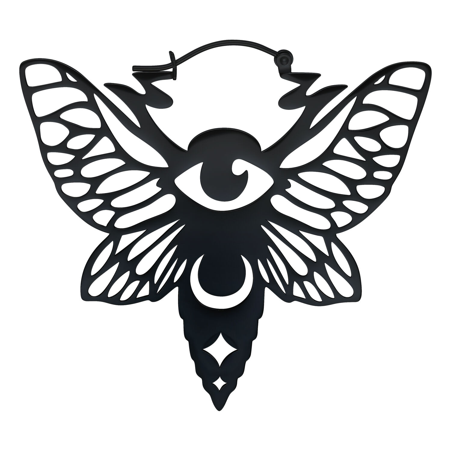 Créoles Moth Noires en Acier Chirurgical Boucles d'oreilles noires en forme de papillon avec œil et demi-lune sur fond blanc