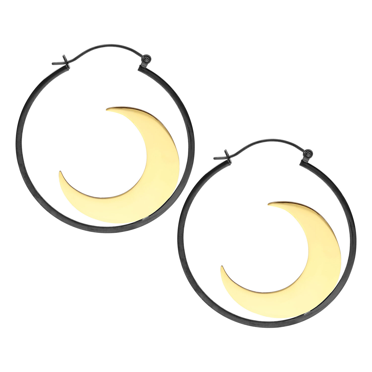 Mangata Hoops en noir et or Boucles d'oreilles rondes en acier chirurgical noir avec croissant de lune doré sur fond blanc