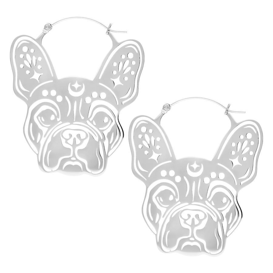 Boucles d'oreilles Bulldog Hoops en acier chirurgical Boucles d'oreilles Bulldog en argent en acier chirurgical sur fond blanc