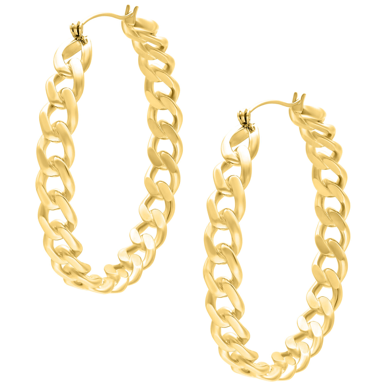 Boucles d'oreilles créoles Curbchain dorées Deux boucles d'oreilles créoles Curbchain dorées sur fond blanc