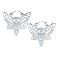 Boucles d'oreilles Moth Hoops argentées en acier inoxydable Paire de boucles d'oreilles Moth Hoops argentées en acier inoxydable sur fond blanc
