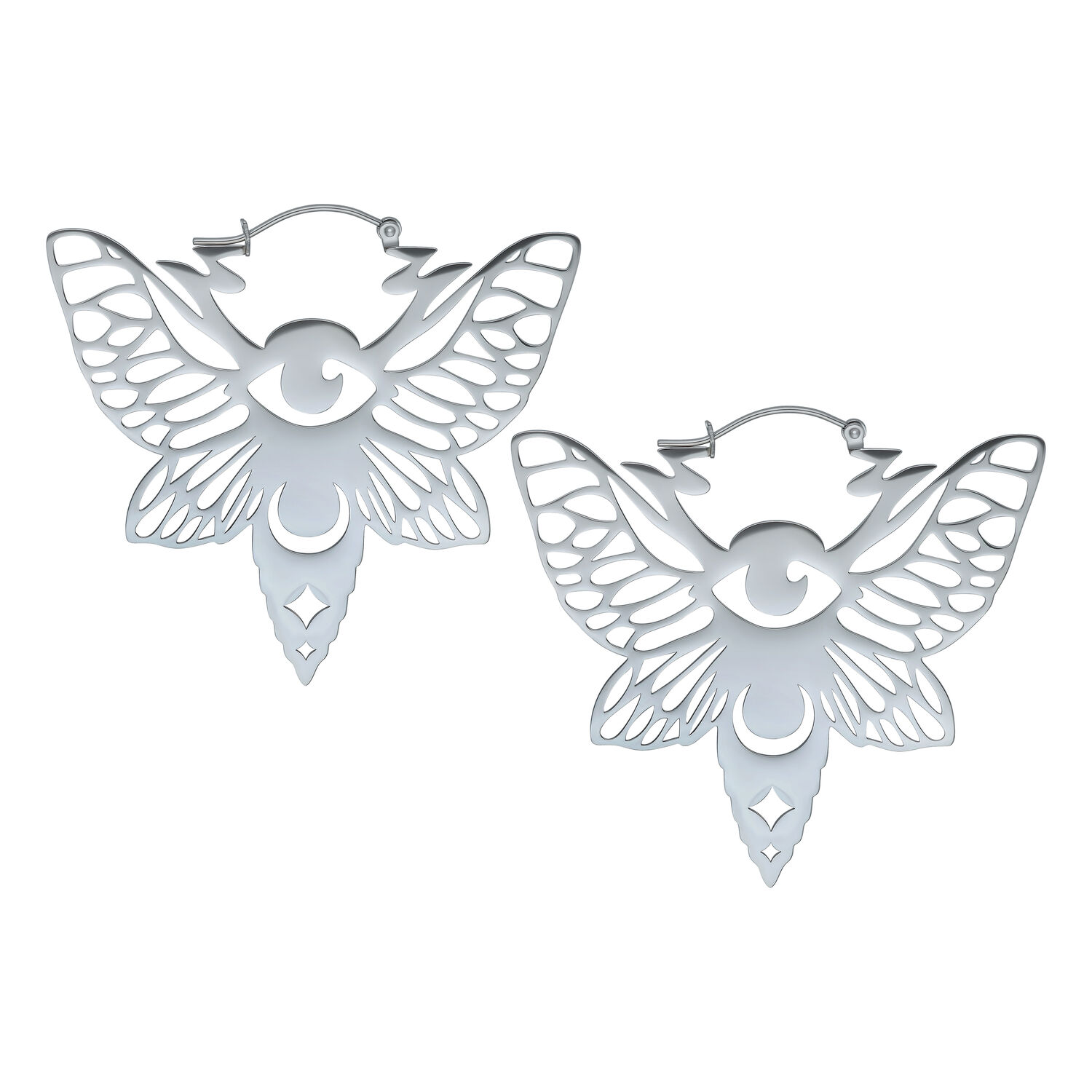 Boucles d'oreilles Moth Hoops argentées en acier inoxydable Paire de boucles d'oreilles Moth Hoops argentées en acier inoxydable sur fond blanc