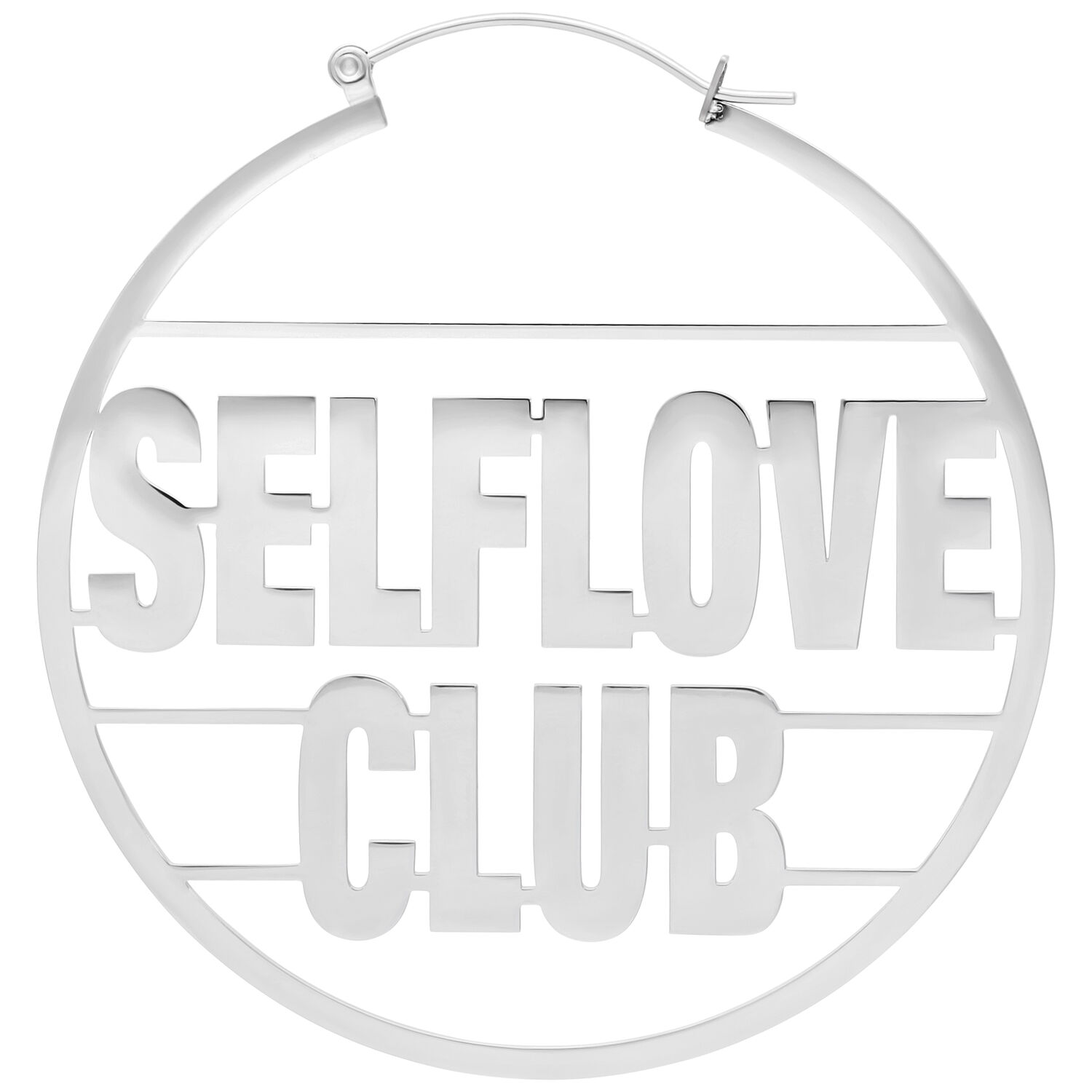 Selflove Club Hoops en argent, acier inoxydable Boucle d'oreille en argent avec l'inscription 'Selflove Club' sur fond blanc