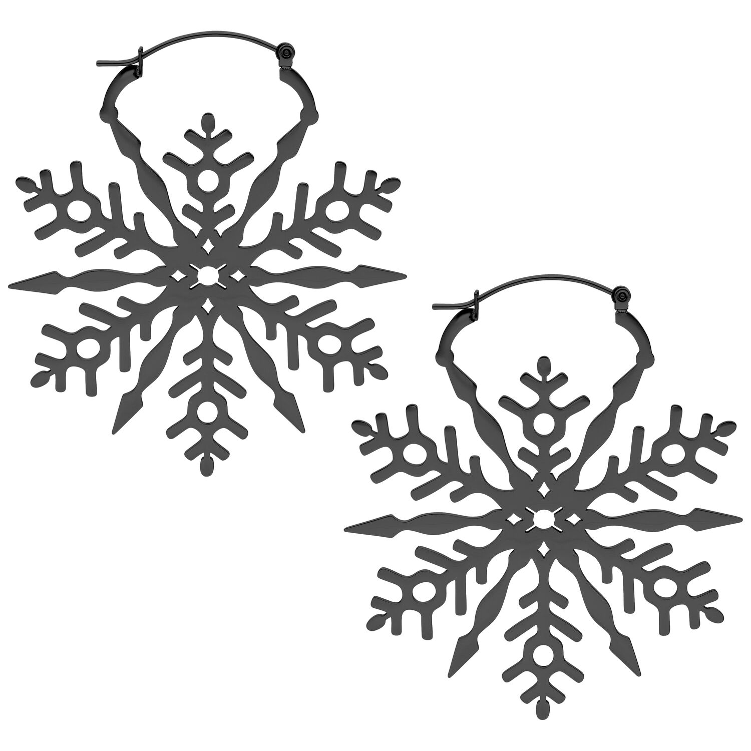 Boucles d'oreilles Snowflake Hoops noires Deux boucles d'oreilles flocons de neige noires sur fond blanc