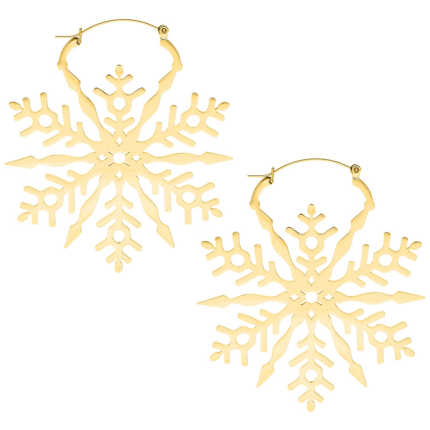 Boucles d'oreilles flocons de neige en acier chirurgical doré Deux boucles d'oreilles dorées en forme de flocons de neige sur fond blanc