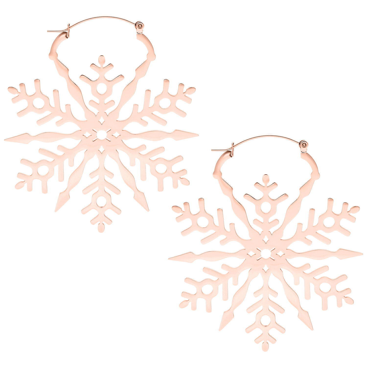 Boucles d'oreilles flocon de neige en acier inoxydable rose doré Deux boucles d'oreilles flocon de neige en acier inoxydable rose doré sur fond blanc