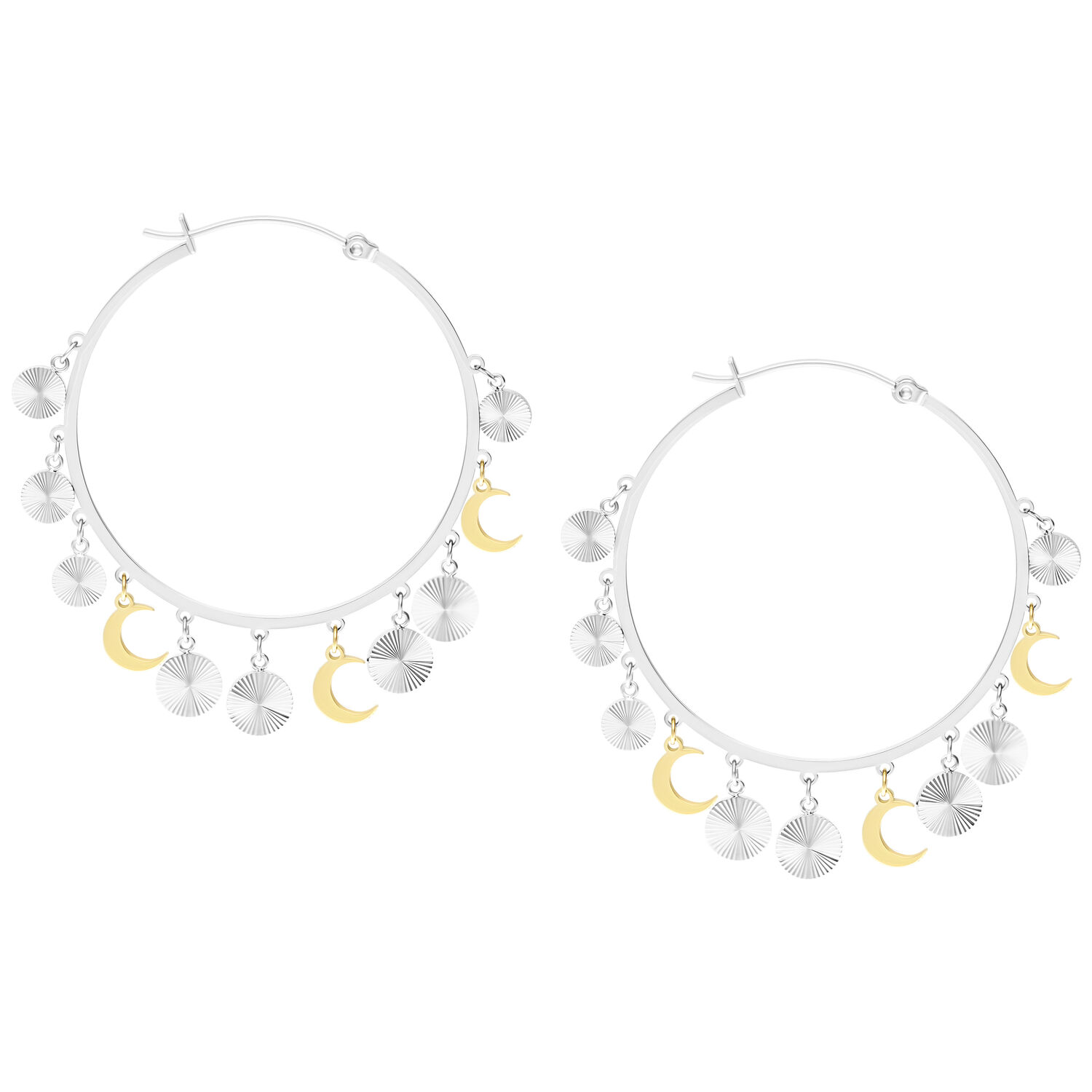 Boucles d'oreilles Celestial argentées avec pendentifs lune Boucles d'oreilles argentées avec pendentifs lune et disque en or et argent sur fond blanc