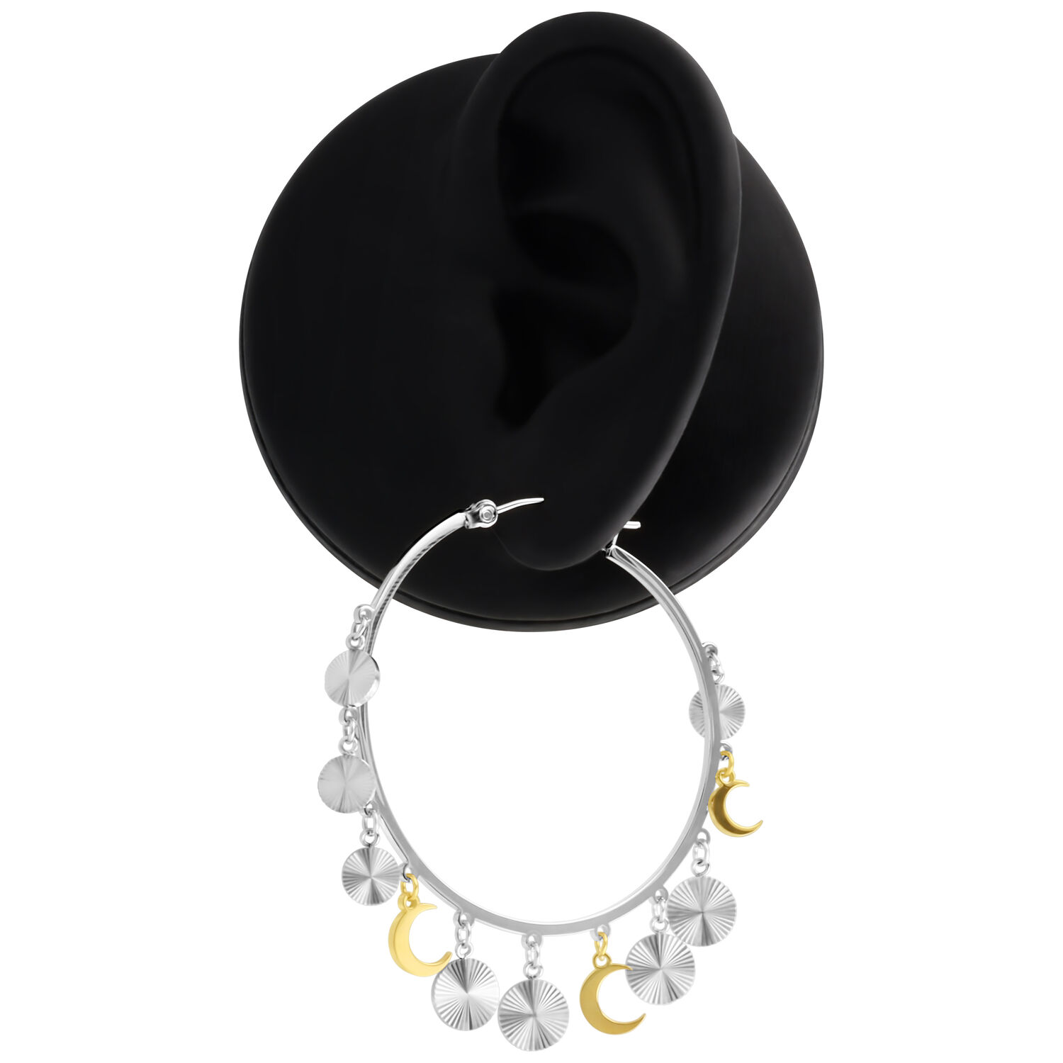 Celestial Hoops en argent et or Boucles d'oreilles pendantes en argent et or sur un présentoir noir