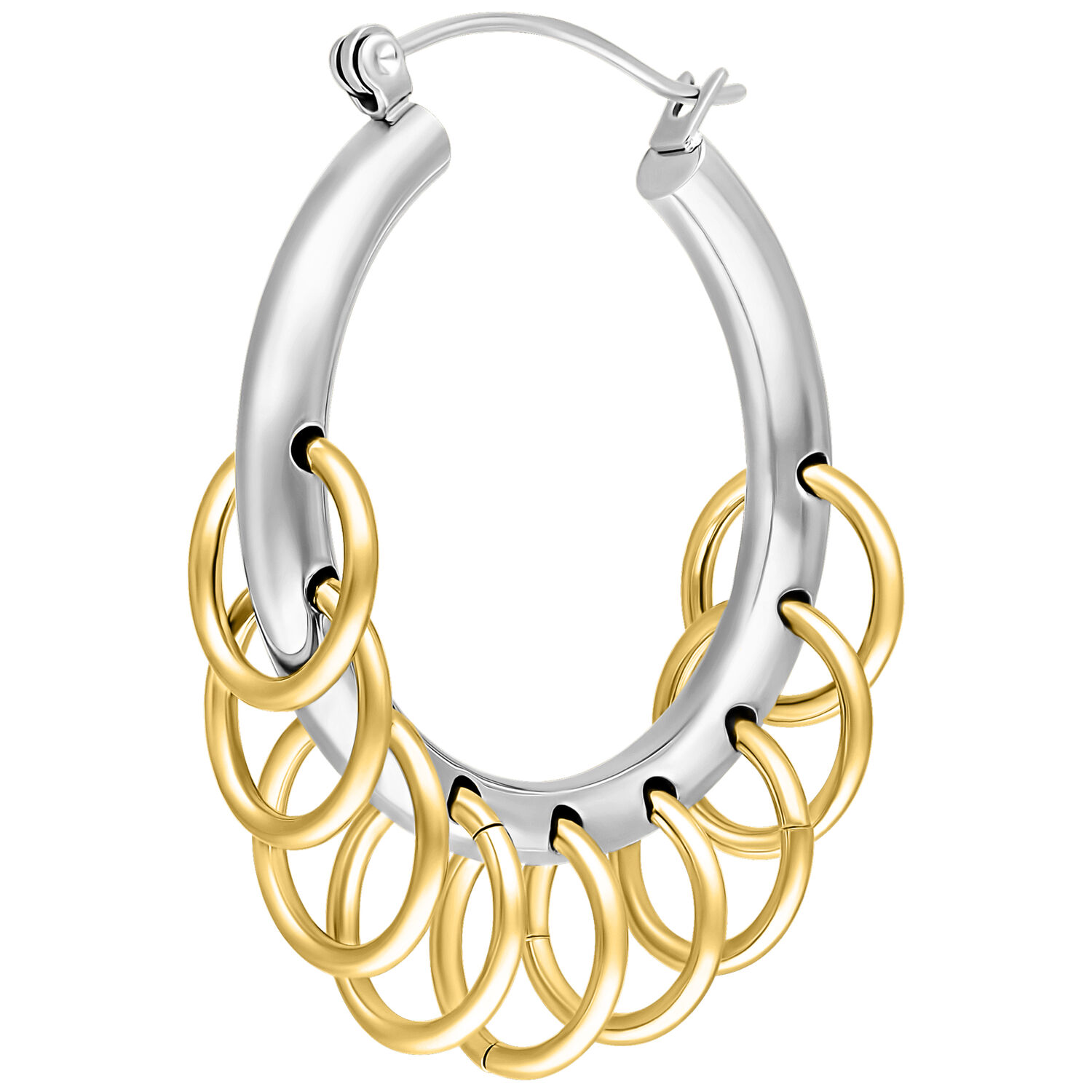 Boucles d'oreilles hoops argentées et dorées avec loops Boucles d'oreilles argentées avec loops dorés sur fond blanc