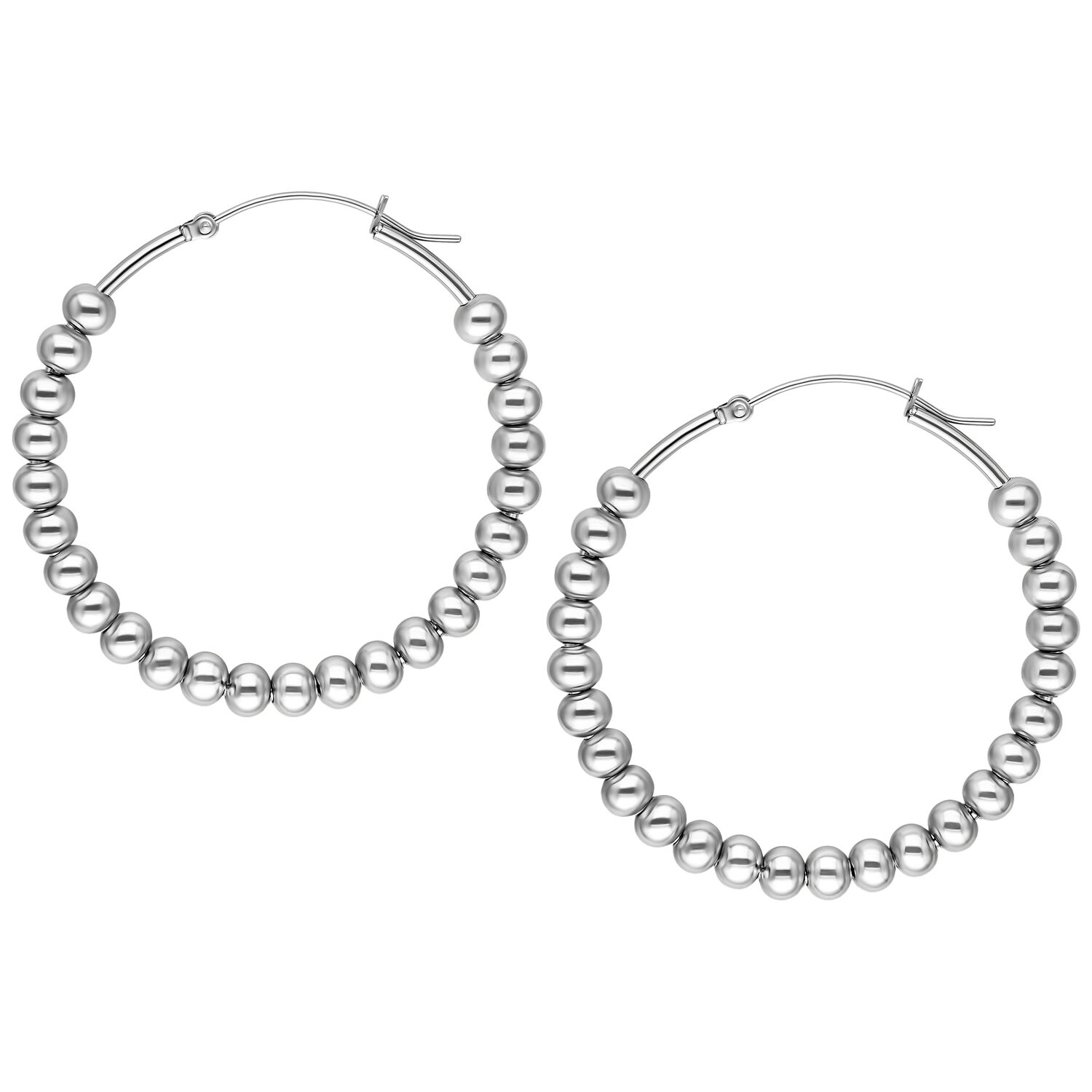Boucles d'oreilles Bubble Hoops argentées en acier chirurgical Deux boucles d'oreilles Bubble Hoops argentées en acier chirurgical sur fond blanc