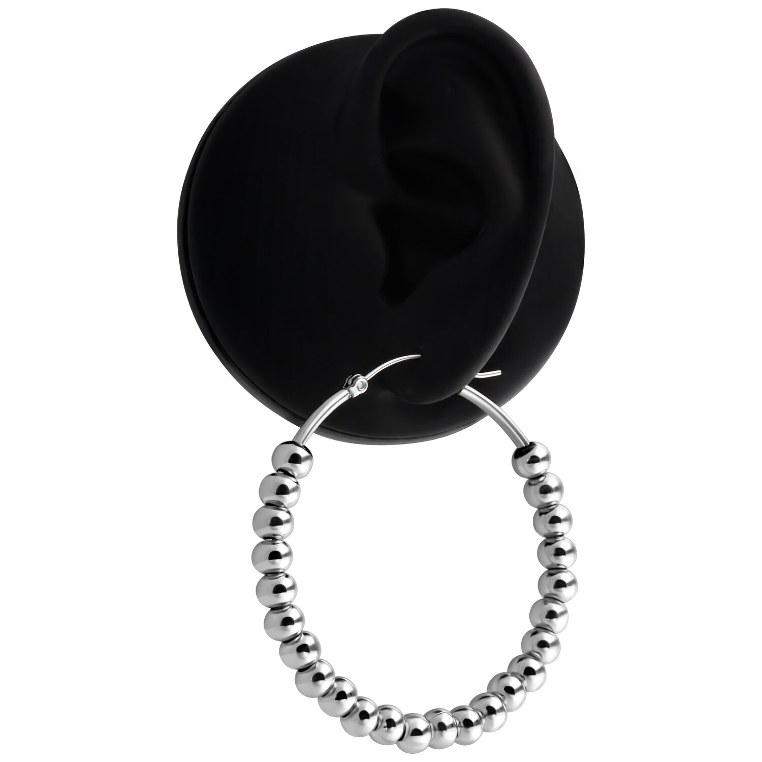 Créoles Bulles Argentées en Acier Chirurgical Boucles d'oreilles argentées style créoles avec design à bulles sur fond noir