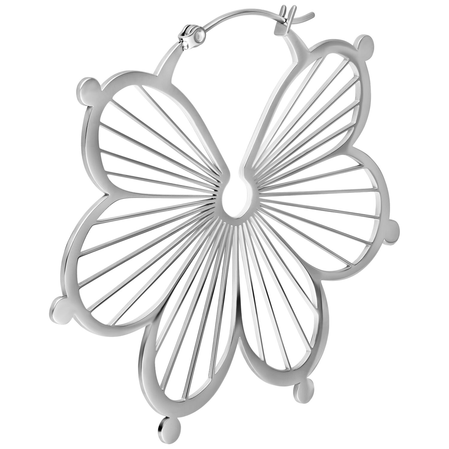 Boucles d'oreilles Flower Hoops argentées en acier chirurgical Boucles d'oreilles Flower Hoops argentées avec fermoir à charnière sur fond blanc