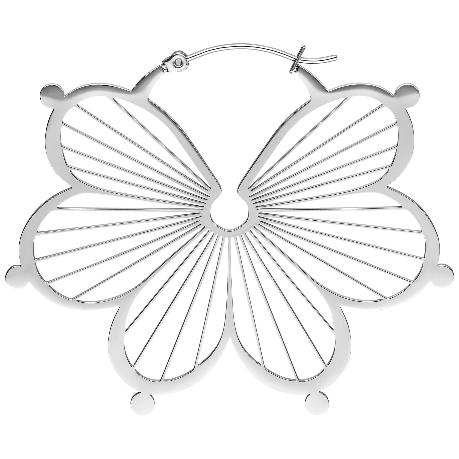 Boucles d'oreilles Flower Hoops en argent en acier chirurgical Boucles d'oreilles Flower Hoops en argent brillant en acier chirurgical sur fond blanc