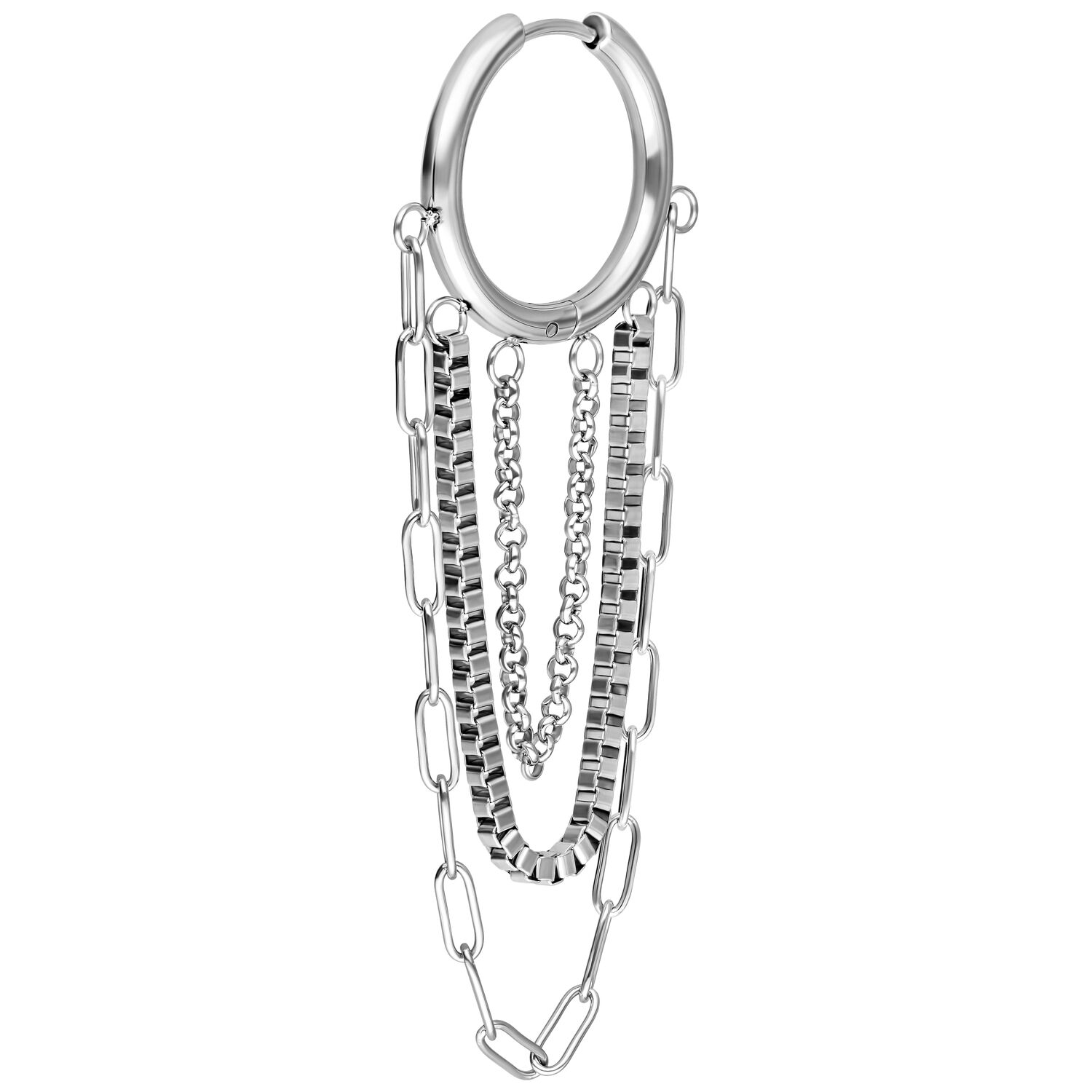 Boucles d'oreilles créoles à chaînes multicouches argentées Boucles d'oreilles argentées avec plusieurs chaînes, sur fond blanc