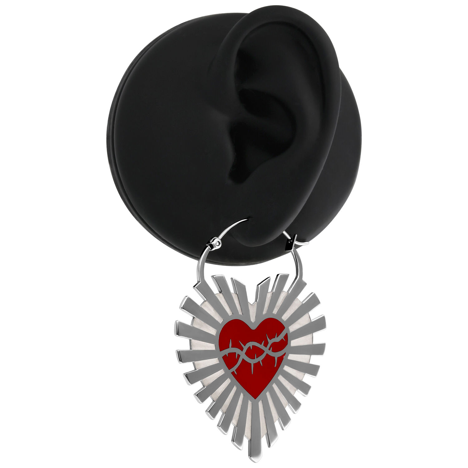Boucles d'oreilles Barbed Wire Sacred Heart en argent Boucles d'oreilles en argent avec cœur rouge et fil barbelé sur fond noir