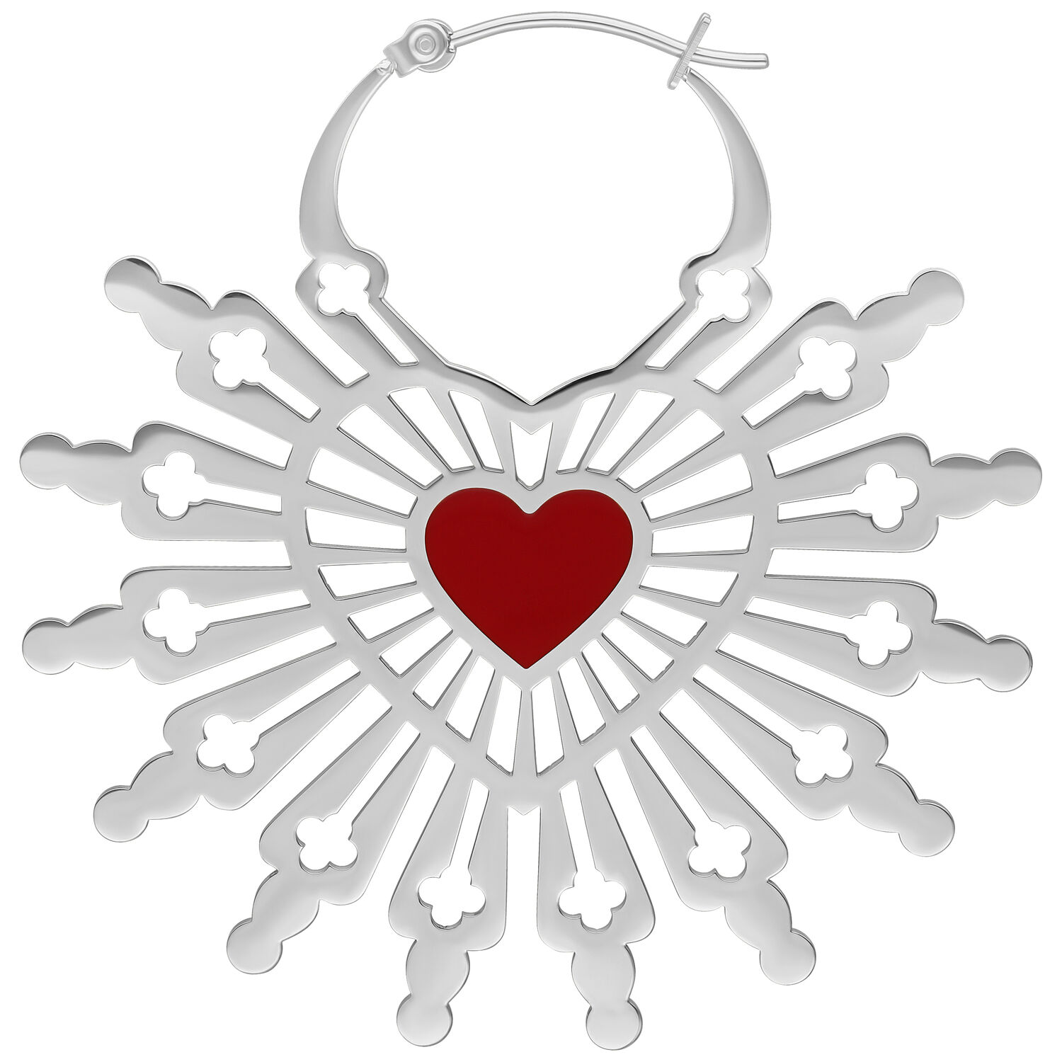 Sacred Heart Hoops en acier chirurgical Boucle d'oreille argentée avec cœur rouge sur fond blanc