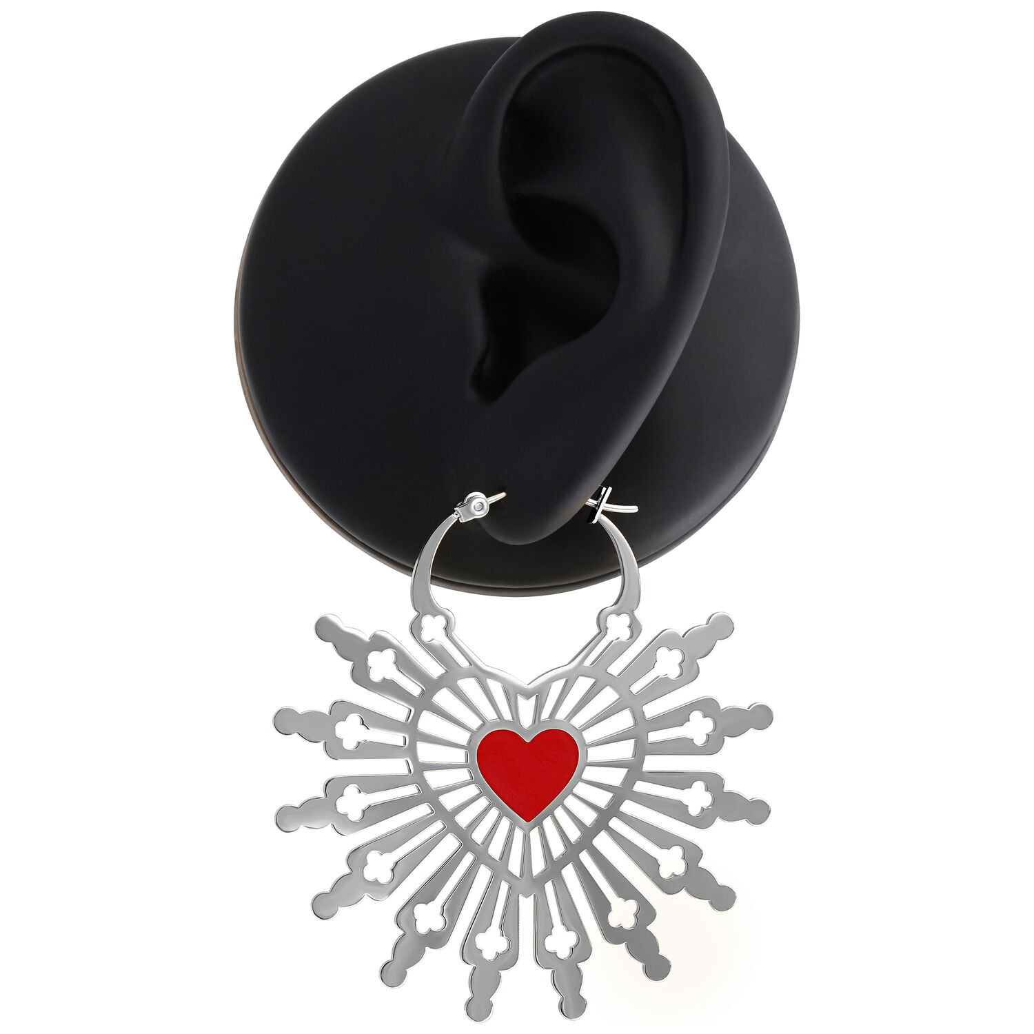 Créoles Sacred Heart argentées avec cœur rouge Boucles d'oreilles argentées avec motif cœur rouge sur fond noir