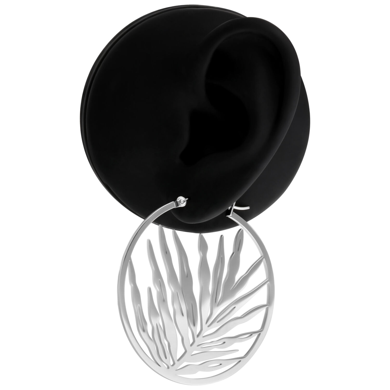 Noble Leaf Hoops en argent, acier chirurgical Boucles d'oreilles en argent avec design de feuille sur modèle d'oreille noire
