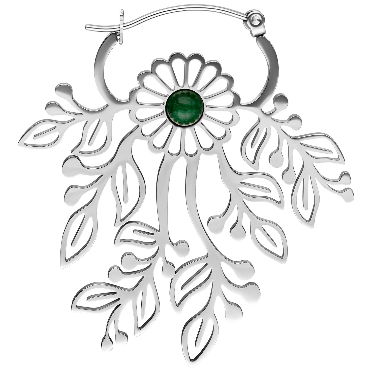 Boucles d'oreilles argentées en forme de feuille avec pierre verte sur fond blanc