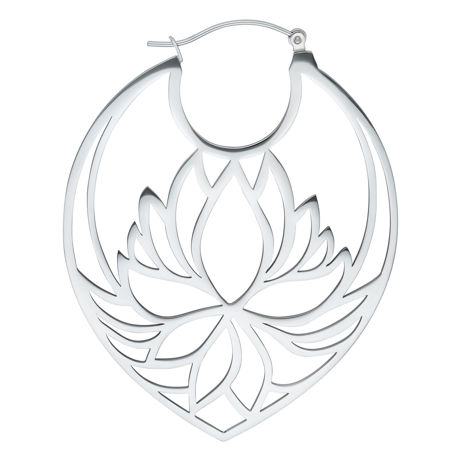 Créoles Lotus en acier inoxydable, haute brillance Boucles d'oreilles créoles Lotus en acier inoxydable argenté sur fond blanc
