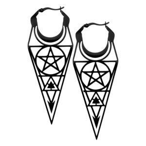 Boucles d'oreilles noires en acier inoxydable avec design géométrique et fermoir à clip sur fond blanc