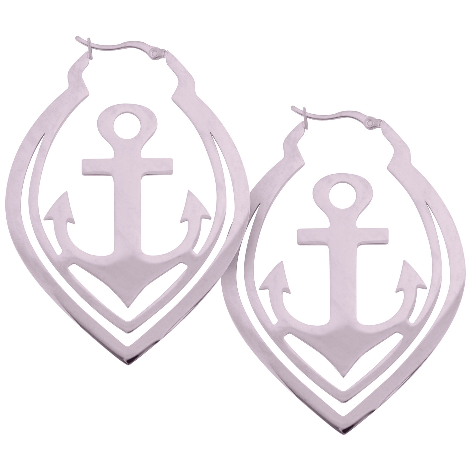 Boucles d'oreilles ancre en acier chirurgical, haute brillance Deux boucles d'oreilles ancre brillantes en acier chirurgical sur fond blanc