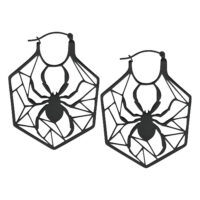 Créoles Spiderweb noires en acier inoxydable Deux créoles noires au design toile d'araignée sur fond blanc