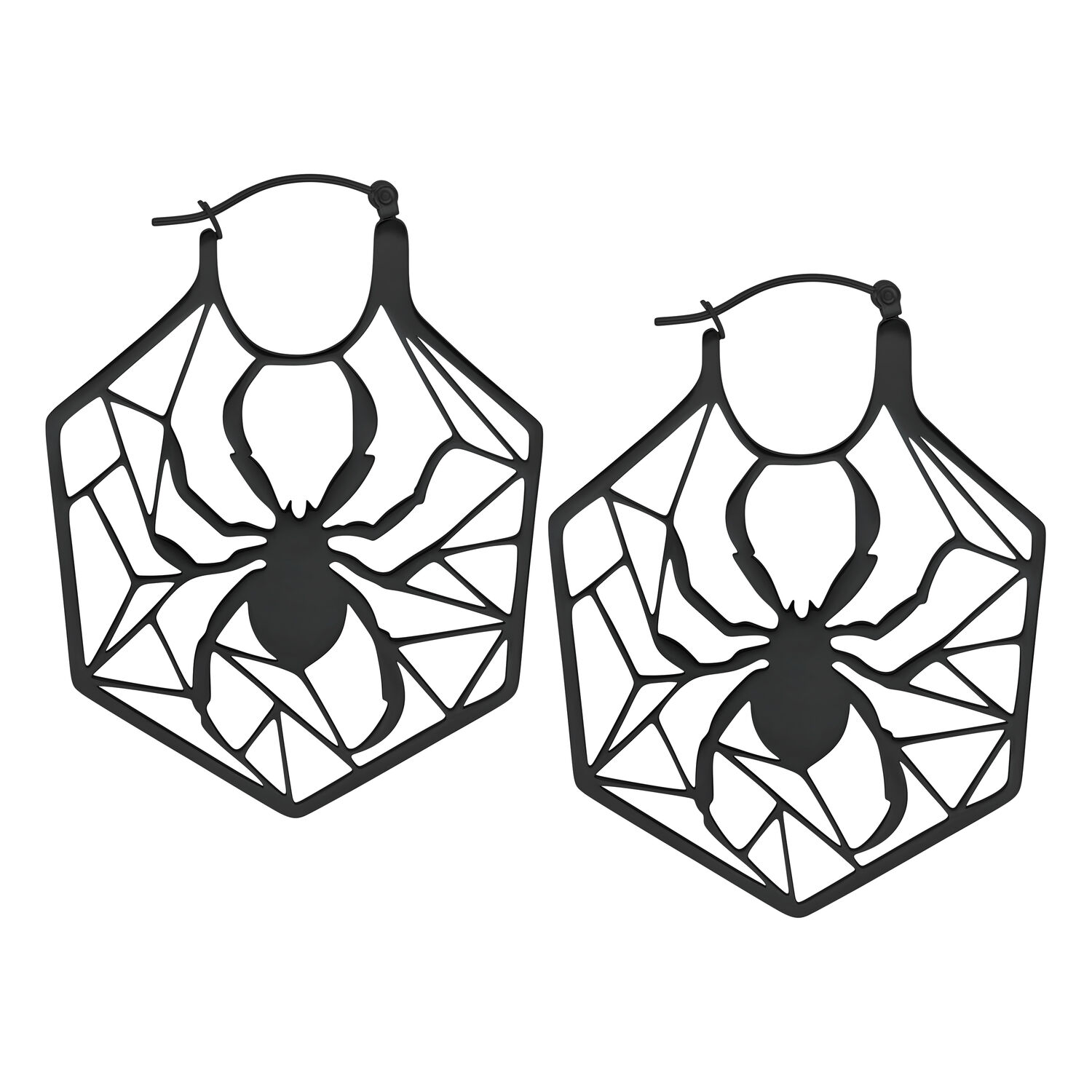 Créoles Spiderweb noires en acier inoxydable Deux créoles noires au design toile d'araignée sur fond blanc