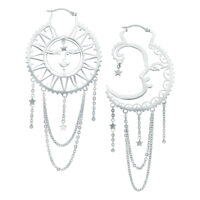 Oldschool Sun Moon Hoops en argent Boucles d'oreilles en argent en forme de soleil et de lune avec chaînes et étoiles