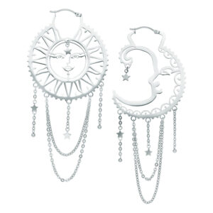 Boucles d'oreilles en argent en forme de soleil et de lune avec chaînes et étoiles